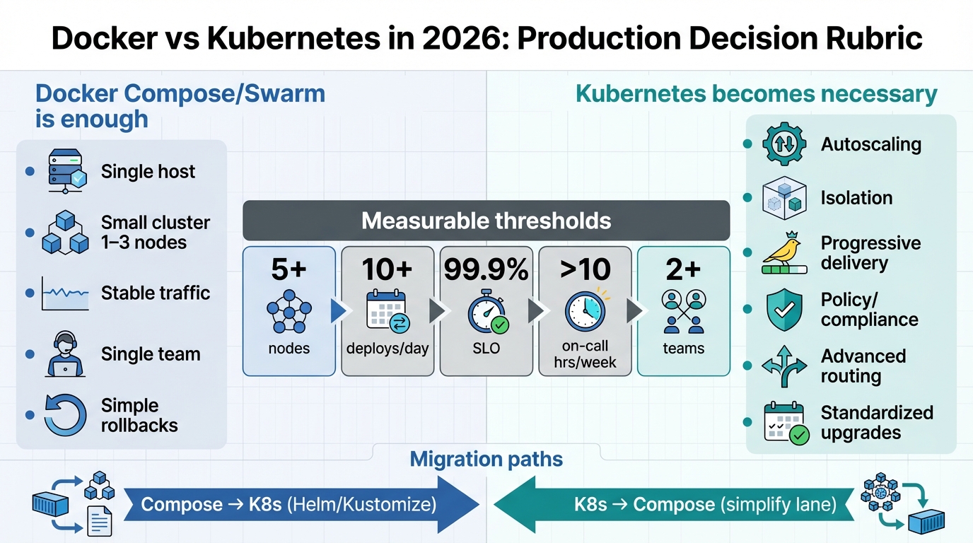 Docker vs Kubernetes production 2026