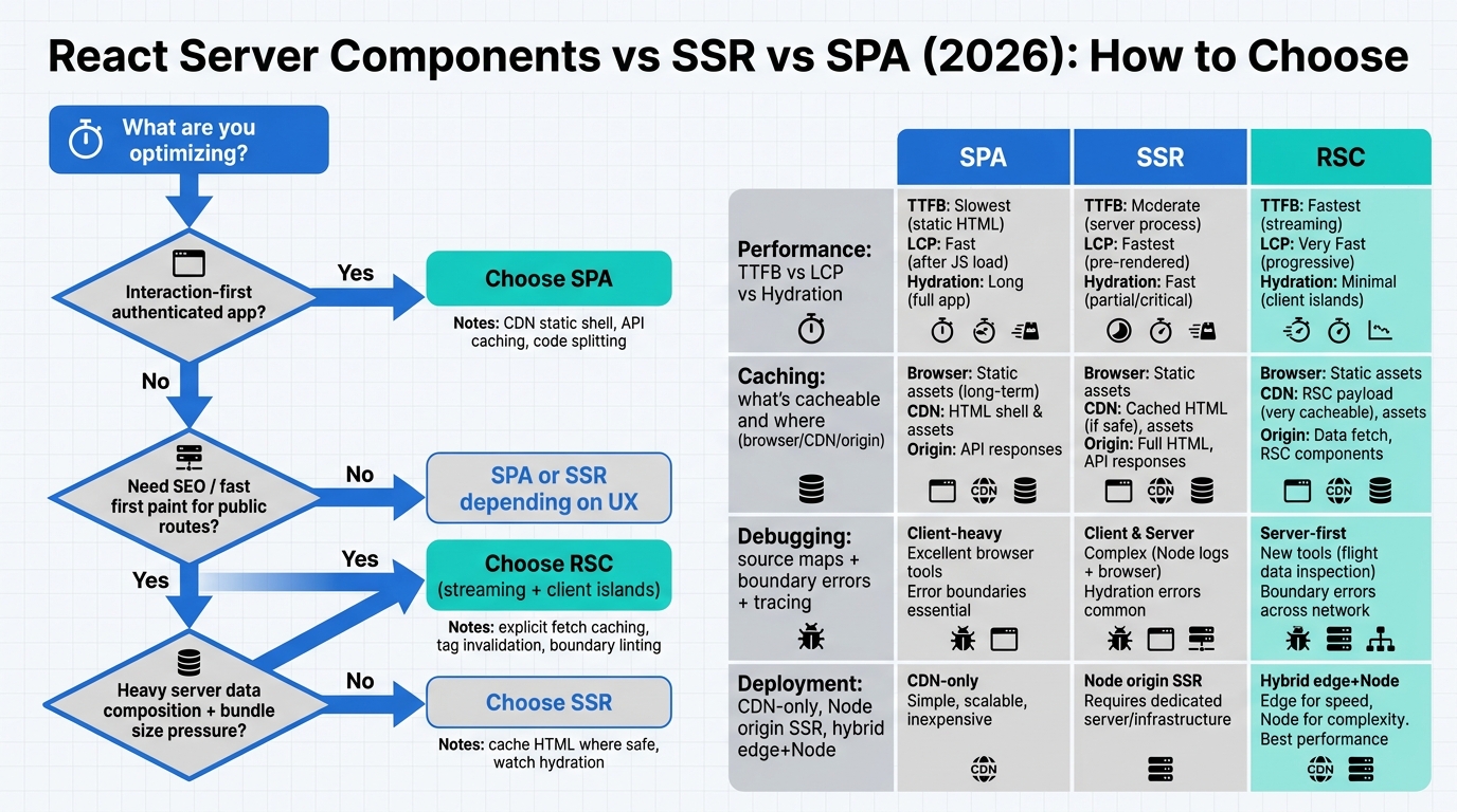 react server components vs ssr vs spa infographic
